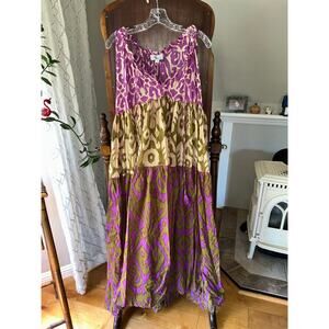 Bianca Paris Ikat Maxi Dress Boho Purple green Cotton Tiered Festival Resort TU